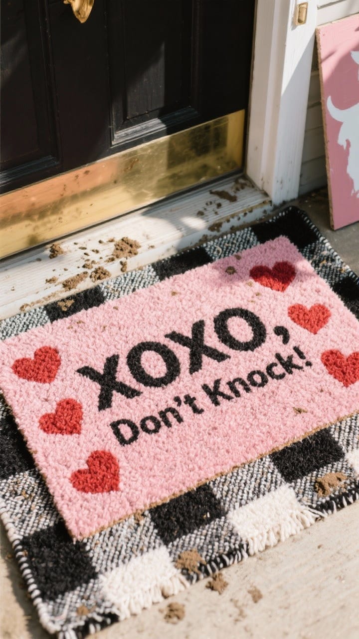 Closeup, straight-on view of a Valentine-themed doormat scene at a front door: a pink coir mat stenciled with hearts and the phrase “XOXO, Don’t Knock,” layered over a black-and-white buffalo check rug for texture. Include subtle mud splatters on the mat edge to imply washability, and an outdoor paint stencil tucked to the side as a DIY hint. Natural daytime lighting, crisp detail on coir fibers and plaid weave, no people.