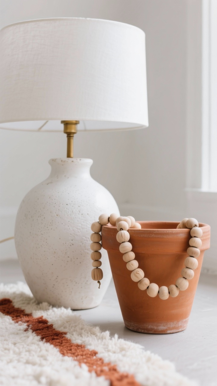 Closeup vignette detail: a white stoneware vase next to a terracotta pot, accompanied by bleached wood beads draped casually; an ivory wool rug texture visible beneath, layered with a slim rust runner passing nearby to carry warm tone; a white lampshade with a brass base in the background echoing warmth; muted, natural winter light enhances the earthy oranges of terracotta against crisp whites; low-angle detail focus on materials and textures.