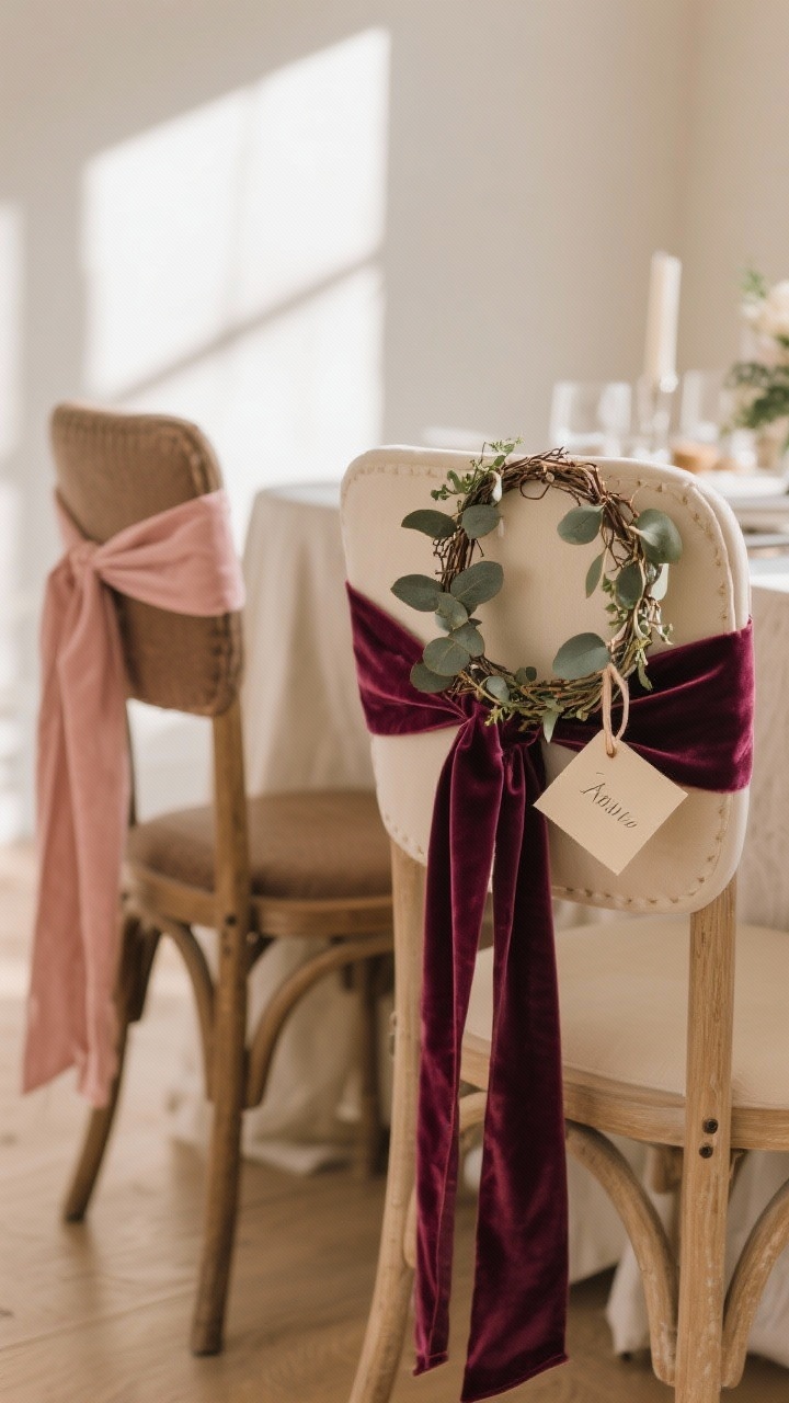 Corner-angle medium shot of dining chairs with romantic upgrades: velvet ribbons in blush, wine, and cream tied to chair backs with long trailing tails. A mini eucalyptus wreath shaped with floral wire hangs from one chair, and another features a small paper name tag tied to the ribbon. Background hints of the dining table, but focus stays on chair styling. Natural afternoon light for a cozy, styled feel.