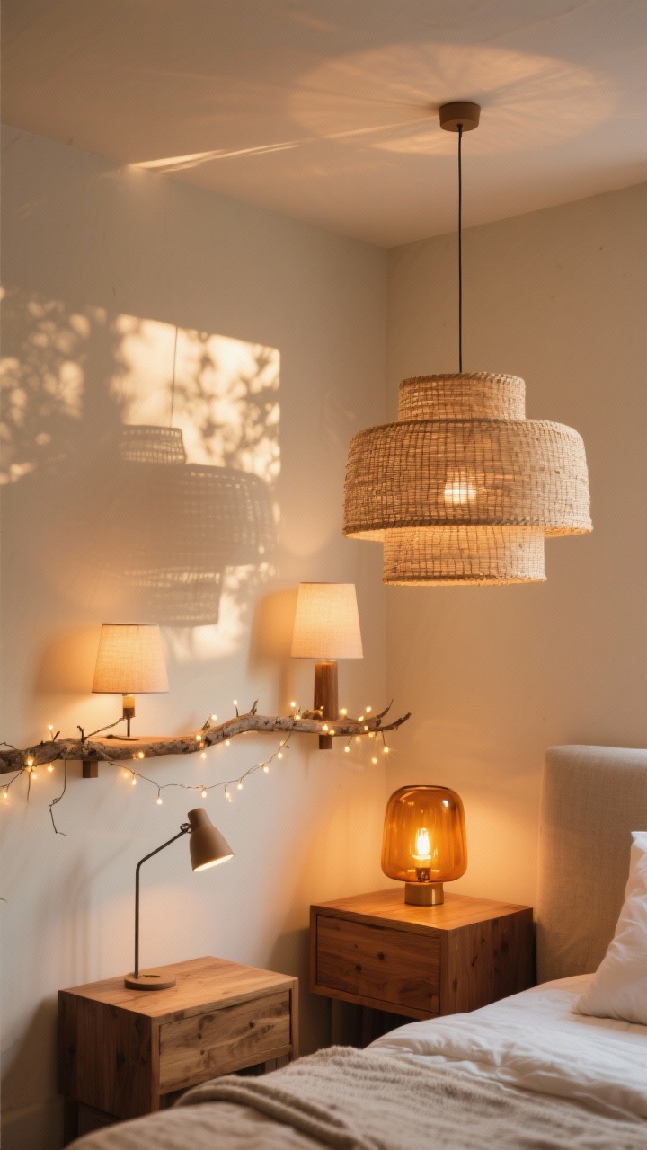 Corner angle of layered lighting that feels like dappled sunlight: a rattan or linen drum shade pendant diffusing warm light (2700K), adjustable bedside lamps with warm bulbs, and an amber glass lamp creating a glow pocket on a wood nightstand. Add a delicate string of micro fairy lights draped along a branch shelf for soft sparkle. Overall warm, glowy ambiance.