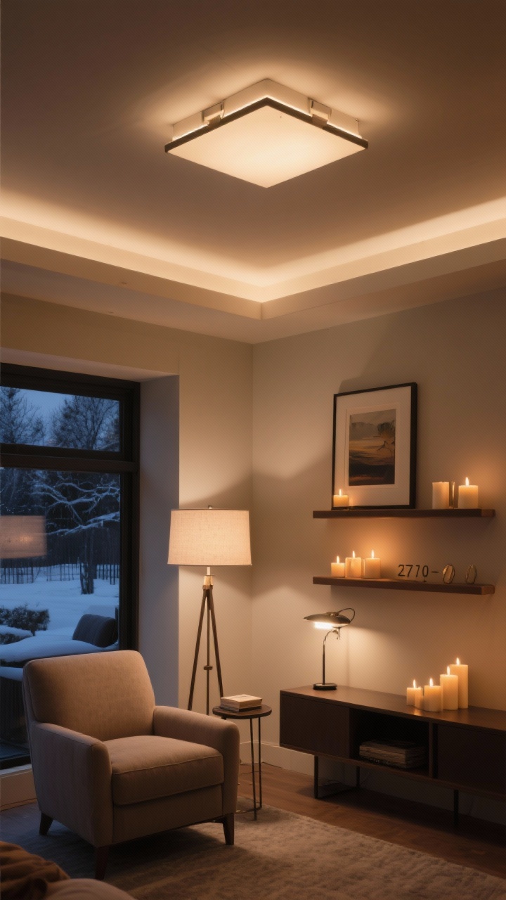 Corner angle showing layered warm lighting: dimmable overhead ceiling fixture, a task floor lamp beside a sofa or reading chair, a small table lamp on a console with a picture light above framed art; bulbs set to 2700–3000K warm white, flameless candles on a shelf for bonus glow, lights placed at different heights, moody winter evening ambiance, photorealistic.