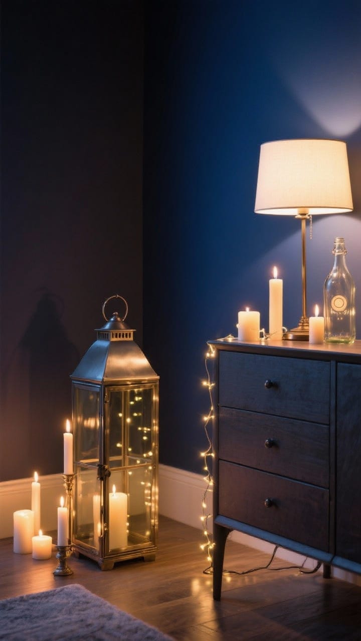 Corner medium shot of layered lighting: a metal lantern with glass panels on the floor, an arrangement of varied-height candles (some LED) on a dresser, a table lamp with a warm white 2700K bulb, and string lights tucked into a glass bottle; dimmer-set glow bathing a midnight blue wall; overall warm, inviting candlelit ambiance with soft shadows.