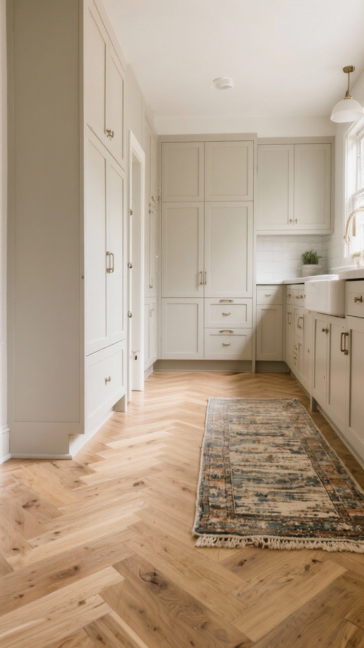 Corner wide shot: Floors with soul—wide-plank engineered white oak laid in a herringbone pattern under neutral cabinetry, with a low-pile vintage-style distressed runner along the galley; tones kept warm and neutral to complement cabinets; softly diffused daylight showing texture and durability.