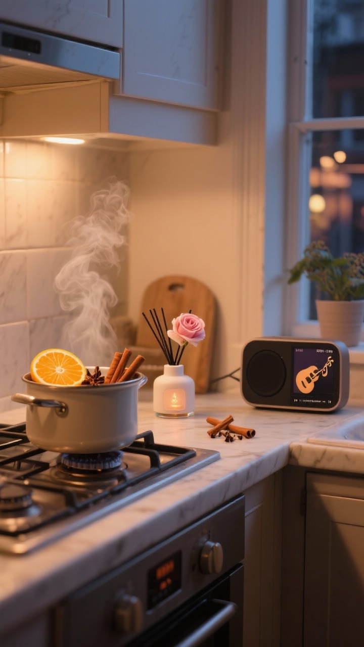 Cozy medium vignette: A kitchen corner with a small diffuser emitting a subtle rose/vanilla/sandalwood scent, a simmer pot on the stove with sliced oranges, cloves, and cinnamon sticks, and a discreet speaker playing a low jazzy/French café/acoustic playlist; warm ambient evening light and gentle steam for a fully romantic atmosphere.