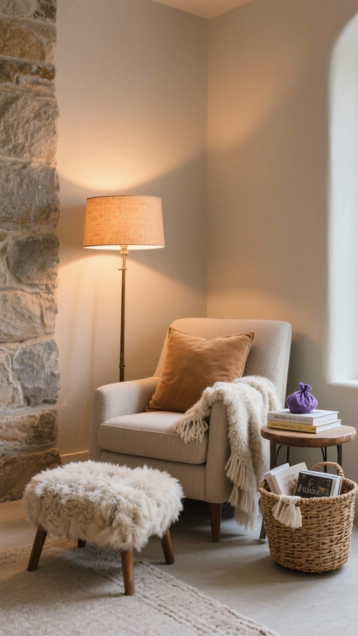 Cozy reading nook corner shot: comfy armchair with ottoman (or slipper chair) draped with a sheepskin, warm-toned floor lamp (2700K bulb) casting a soft glow, a small side table, and a woven basket holding a throw, current reads, and a lavender sachet; plush pillow on chair; muted neutrals with touches of camel and stone; intimate, hygge ambiance.