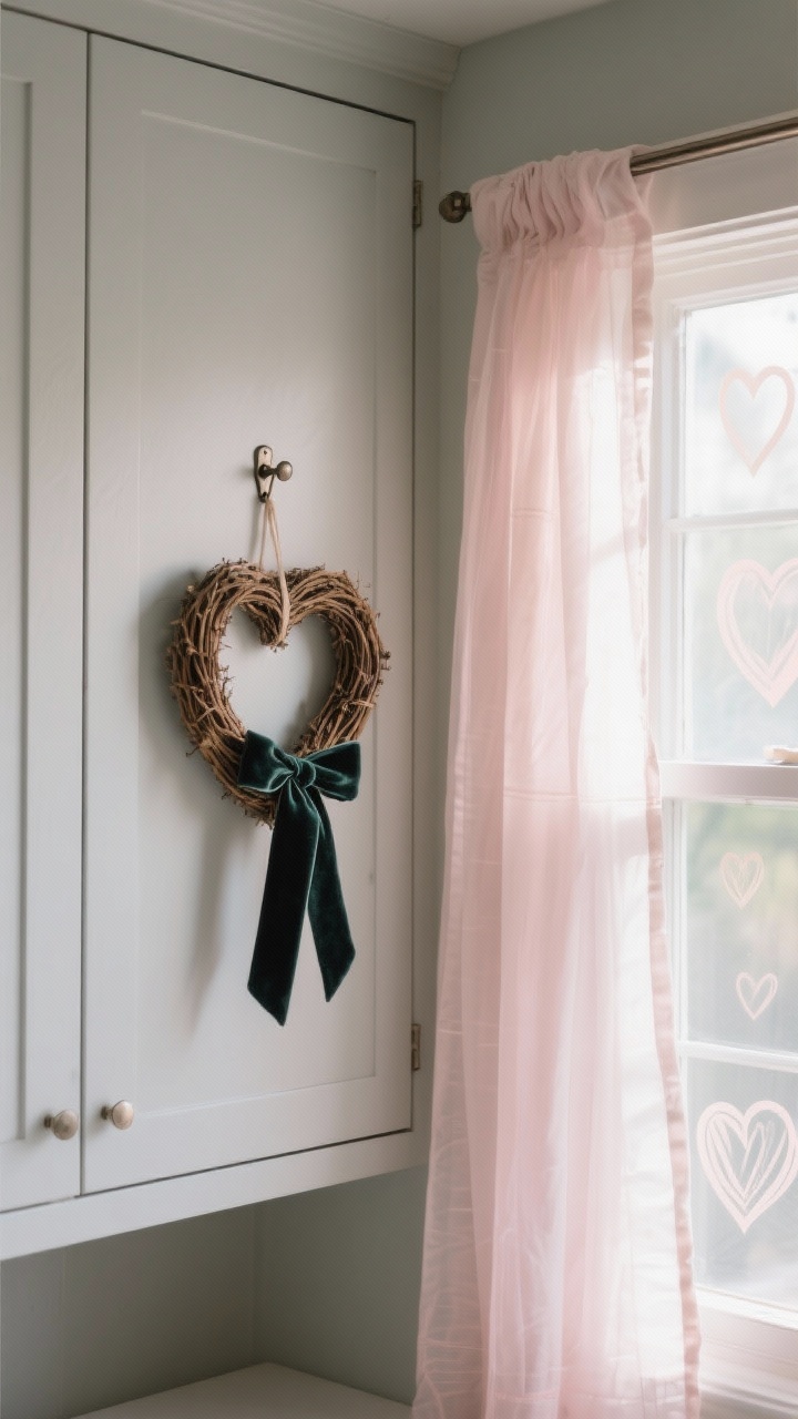 Detail closeup, cabinet and window: A heart-shaped wreath hung on a cabinet door with a command hook and a velvet ribbon; neighboring window softened by a sheer blush cafe curtain; subtle frosted heart window cling decals catching morning light; matte cabinet paint and ribbon texture emphasized in clear, natural light.