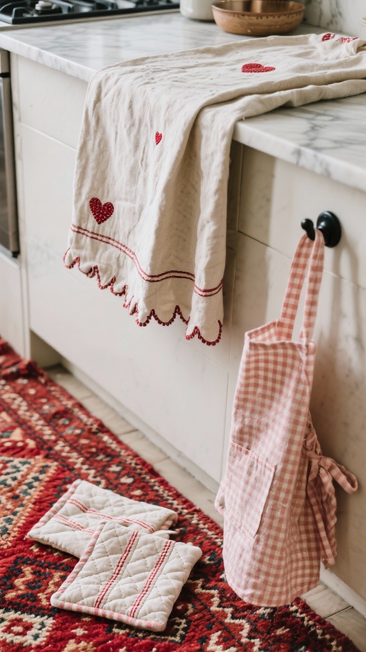 Detail closeup: Festive kitchen textiles laid out—linen tea towels with embroidered hearts and scalloped edges draped over a marble counter, a patterned runner in vintage red/kilim texture underfoot, quilted pot holders with subtle stripes, and a blush gingham apron on a matte black hook; tactile focus on fabric weave and quilting with gentle, diffused daylight.