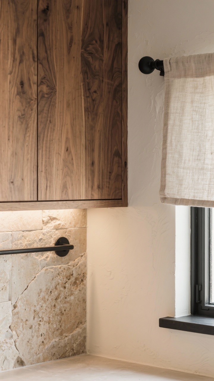 Detail closeup: Layered textures vignette showing rift-cut oak cabinet face next to a travertine-look backsplash, plaster wall, linen café curtain edge, and matte black metal shelf bracket; tight, neutral palette in warm woods, stone, linen, and matte metals; soft side lighting emphasizing tactile surfaces.