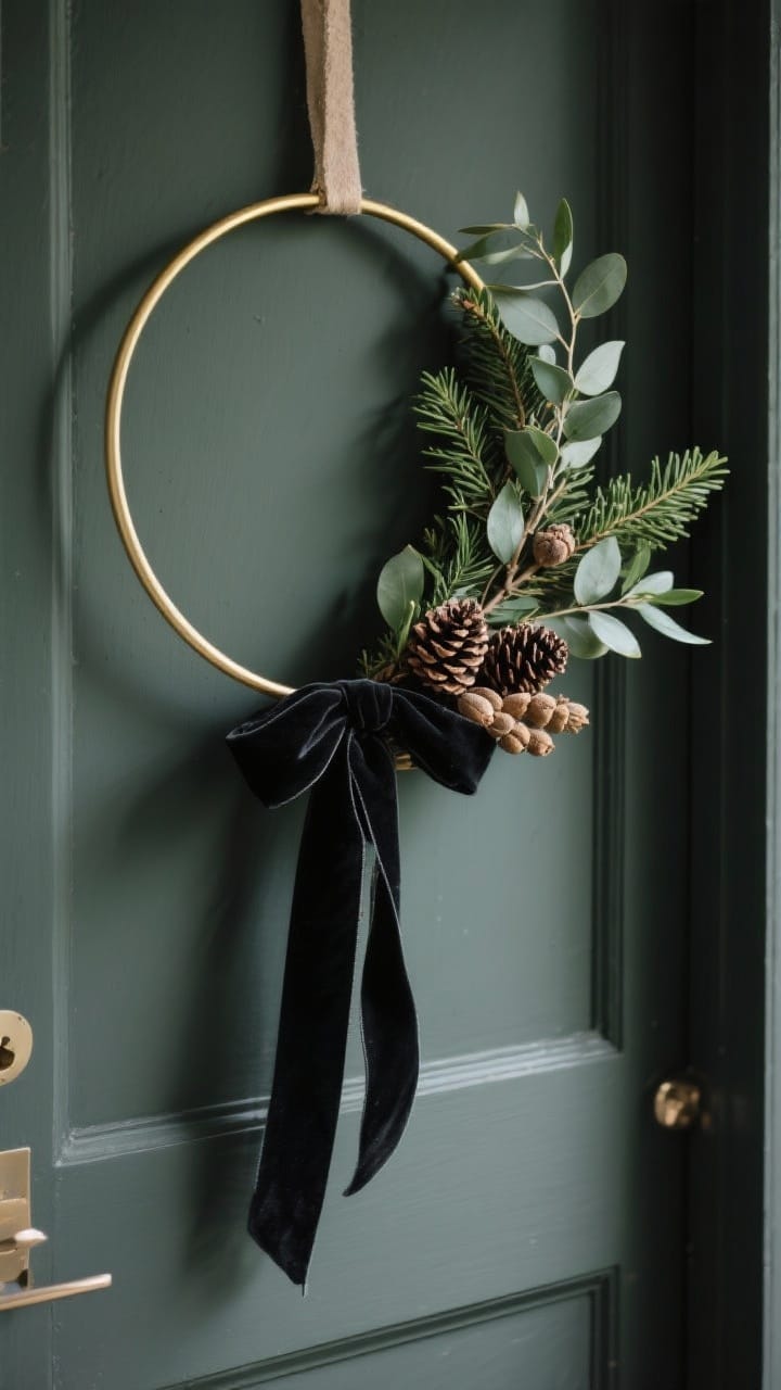 Detail closeup of a chic statement wreath on a door: a minimalist gold hoop with asymmetrical greenery on one side (cedar, eucalyptus, olive branches) for depth and movement; moody neutrals via a black velvet ribbon, pinecones, and dried seed pods. The wreath hangs slightly lower than standard with an extra-long ribbon tail. Soft daylight, matte door in charcoal or deep green background.