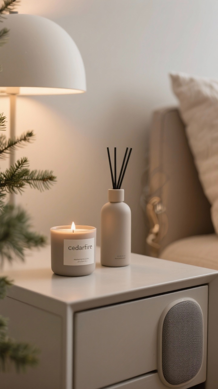 Detail closeup of a seasonal scent-and-sound vignette: a single matte neutral candle labeled cedar/fir on a side table next to a minimal diffuser bottle, both in subdued tones; nearby speaker subtly present hinting at soft instrumental or light jazz; uncluttered surface, one vessel per space, warm ambient light reflecting off matte finishes; cozy, refined, and minimal.