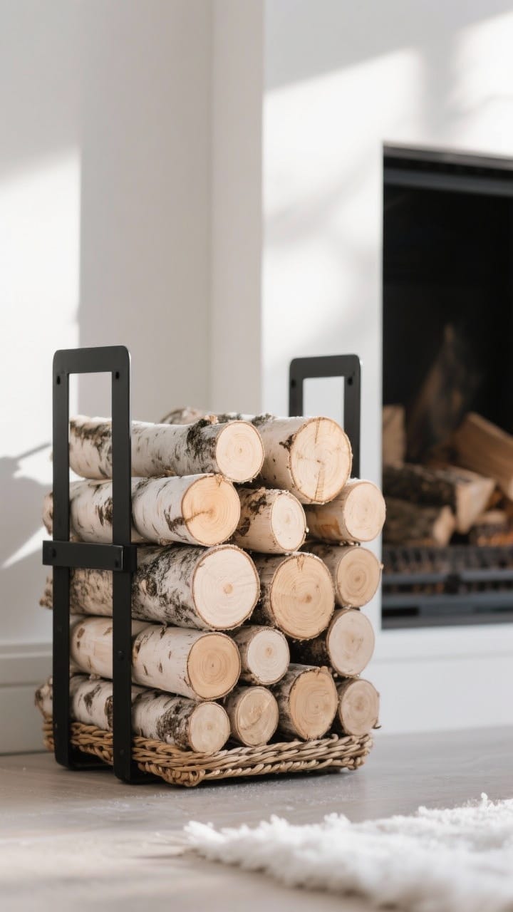 Detail closeup of artfully layered logs: uniformly cut birch logs stacked neatly in a woven log basket beside the fireplace; clean ends and pale bark for a winter-chic vibe; matte black metal log holder peeking behind for contrast; gentle afternoon light highlighting wood grain and bark texture; low angle for sculptural feel, photorealistic.