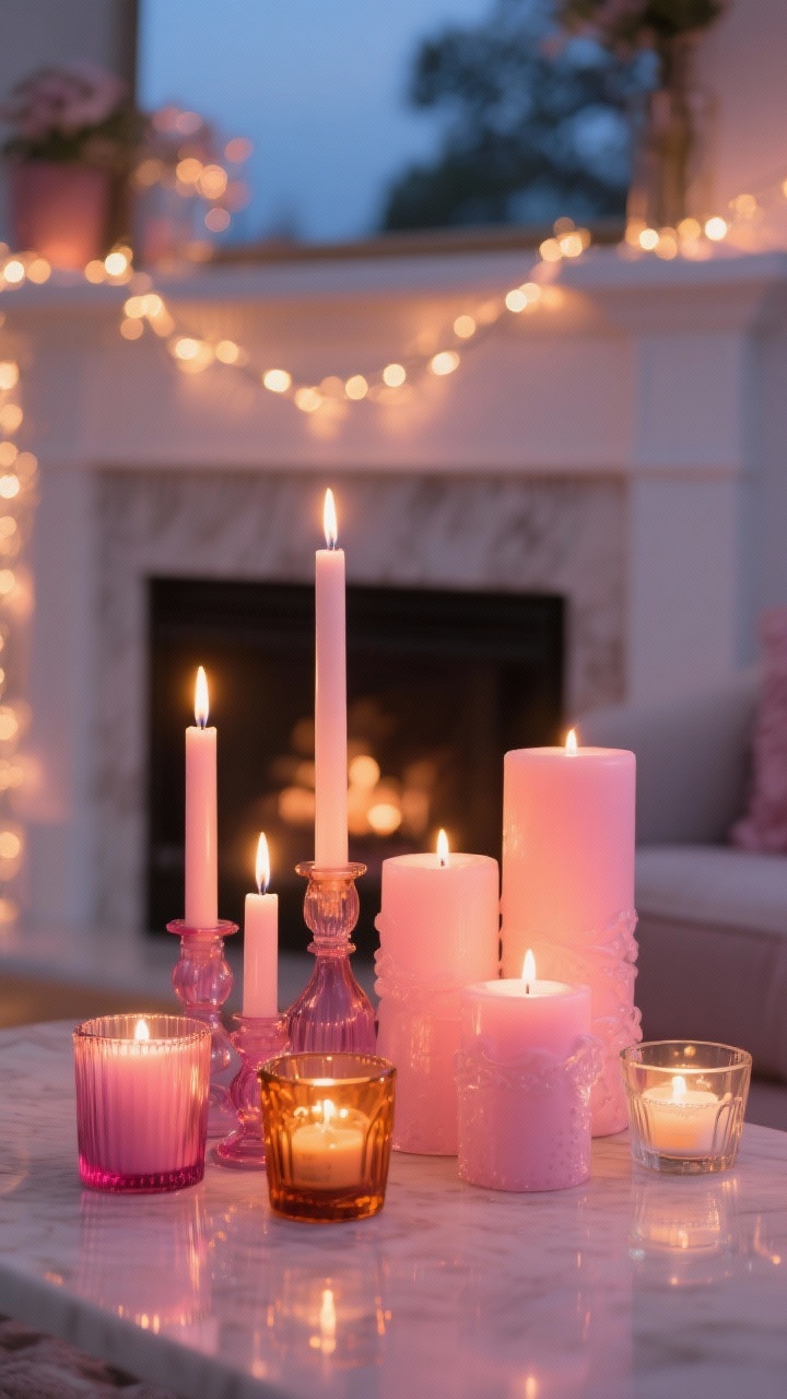 Detail closeup of candlelight: an arrangement mixing heights—slender taper candles, small votives, and chunky pillars—set in colored glass holders in smoky pink and amber to cast a rosy glow. Delicate string lights softly layered along a mantel edge in the background. Evening scene with twinkly, warm ambience; optional LED flameless candles that look realistic.