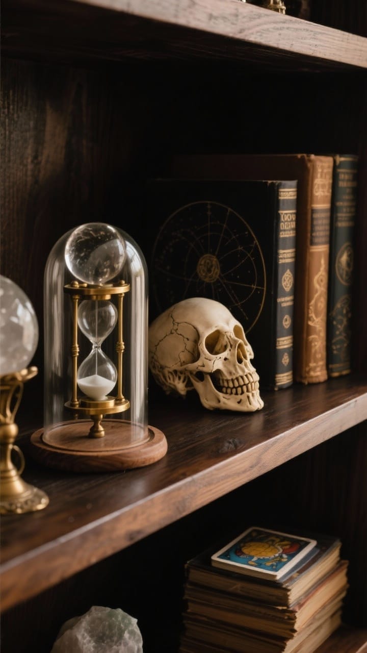 Detail closeup of curated mystical objects on a shelf: a crystal sphere under a glass dome, a small brass hourglass, a carved bone-like skull, and a tarot deck stacked beside vintage occult and astronomy books; materials emphasized—stone, bone, wood, brass, glass; styled with breathing room on a dark wood surface; subtle warm highlights to suggest reverence, not clutter.