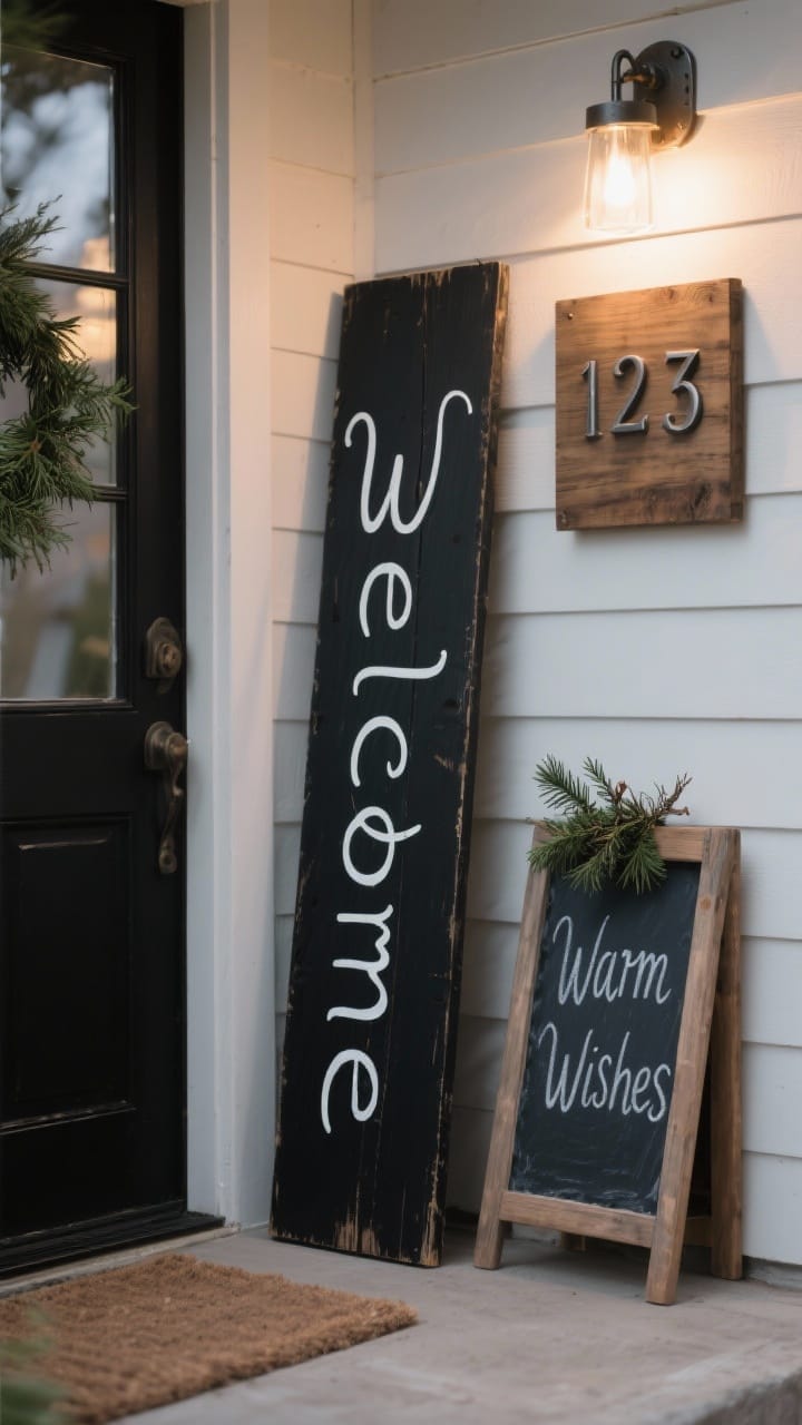 Detail closeup of elevated seasonal signage: a matte black vertical “Welcome” plank leaning by the door next to a small sprig of greenery; beside it, a slate mini-chalkboard with “Warm Wishes” hand-lettered in white and a clipped cedar sprig. Optional metal house numbers mounted on a narrow wood board with subtle uplighting. Minimal typography, natural textures; evening light with gentle, warm illumination.