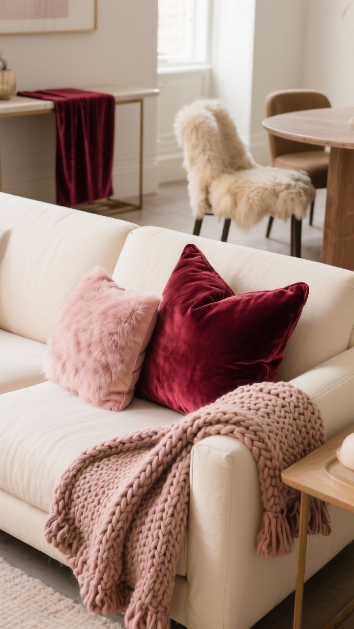 Detail closeup of layered textiles on a sofa and console, side angle: a chunky knit throw draped over the arm of a cream sofa, a rich burgundy velvet pillow alongside a blush velvet pillow, and a small faux fur accent cushion; a color palette of burgundy, blush, and champagne; in the background, a narrow velvet runner on a console table and a sheepskin casually laid over a dining chair; soft, diffused lighting emphasizing texture depth.