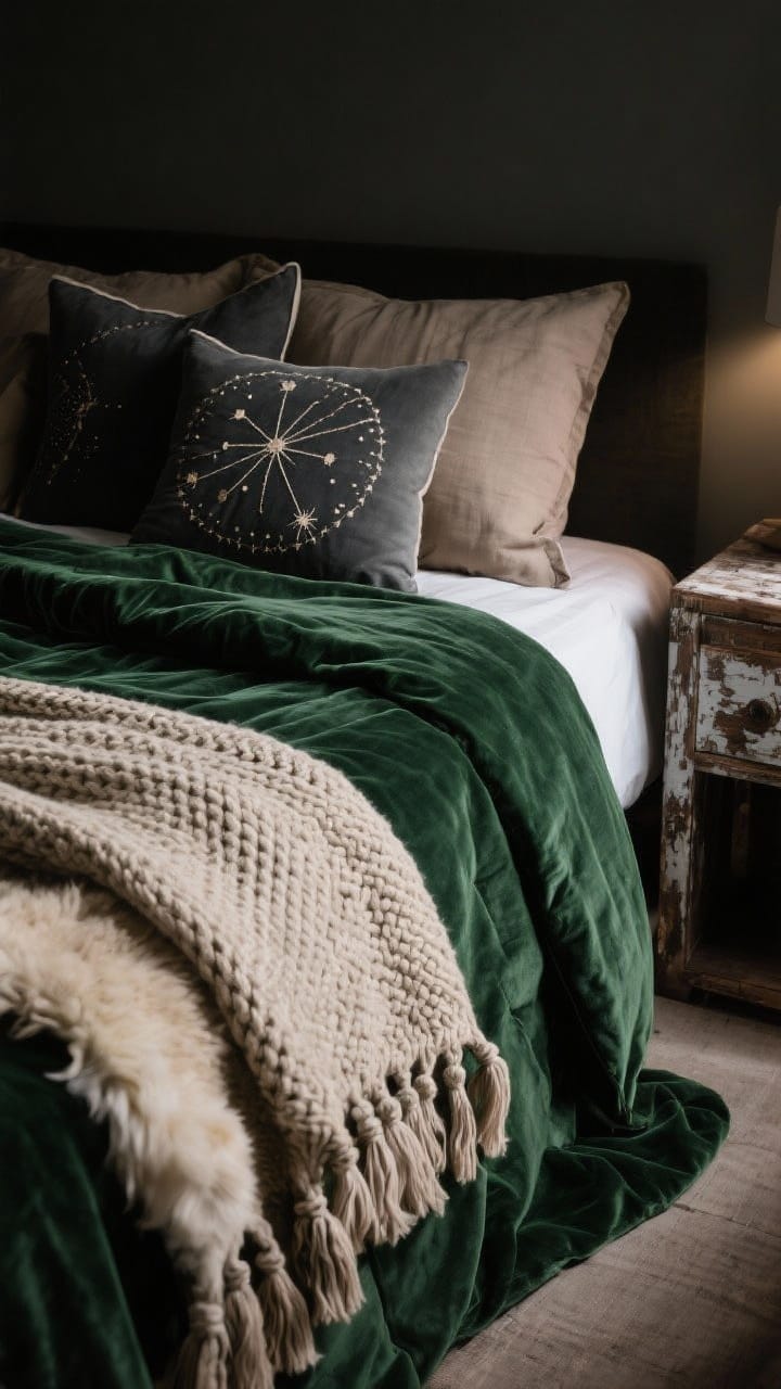 Detail closeup of layered textures on a bed: a forest green velvet duvet folded over flax linen sheets, chunky knit throw with fringe at the foot, faux sheepskin draped along the edge; tassel and embroidered celestial-motif pillows in charcoal and mushroom tones; a glimpse of a distressed wood nightstand; moody, diffused side lighting emphasizing tactile surfaces.