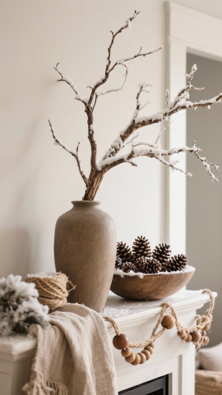 Detail closeup of natural foraged elegance: one sculptural branch in a tall vase creating instant drama; clusters of pinecones in a shallow bowl and along the mantel ledge; textures of linen, jute twine, and wooden beads interwoven; a whisper of faux snow spray dusting on branches, very light; neutral earthy palette; natural daylight; photorealistic.