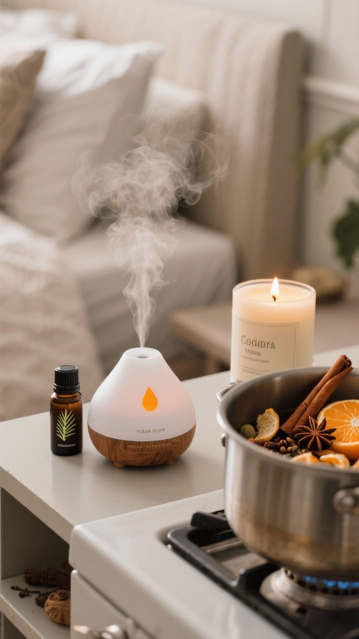Detail closeup: scent-focused vignette—an essential oil diffuser emitting a gentle mist labeled fir needle with a drop of orange on a side table, a wood-wick candle mid-crackle beside it, and a simmer pot on the stove with visible cinnamon sticks, cloves, orange peels, and star anise; bedroom-friendly cedar and vanilla candle in the background; subtle, cozy lighting, shallow depth of field.
