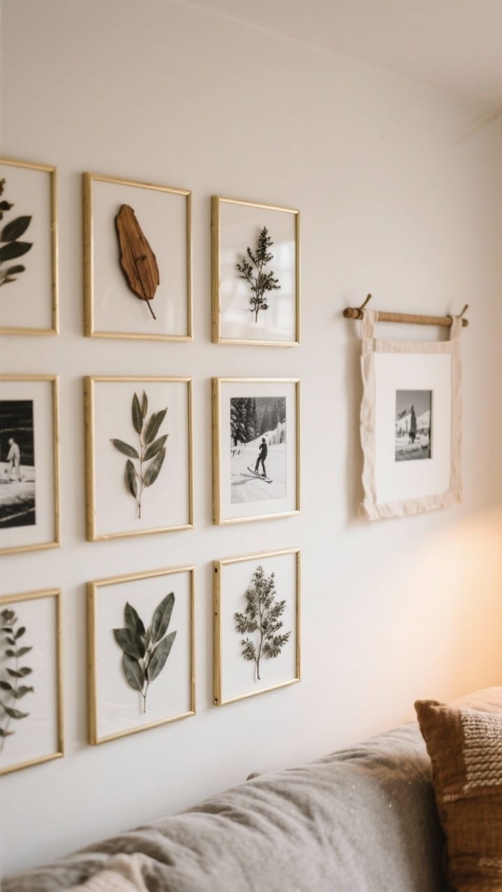 Detail closeup, straight-on: a personal winter memory wall—pressed cedar and eucalyptus botanicals in thin brass frames, a neat black-and-white photo grid of square frames with equal spacing featuring skiing snapshots and winter travel moments, and a small frame hung from a linen ribbon on a peg rail for easy seasonal swapping; warm, cozy mood with subtle ambient light.
