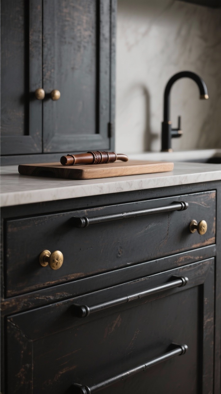 Detail closeup: Understated hardware montage—blackened steel pulls on lower drawers, aged brass knobs on upper doors, and a leather-wrapped handle sample on a cutting board; solid, weighty feel with subtle patina; matching black faucet visible blurred in the background; moody, directional lighting.