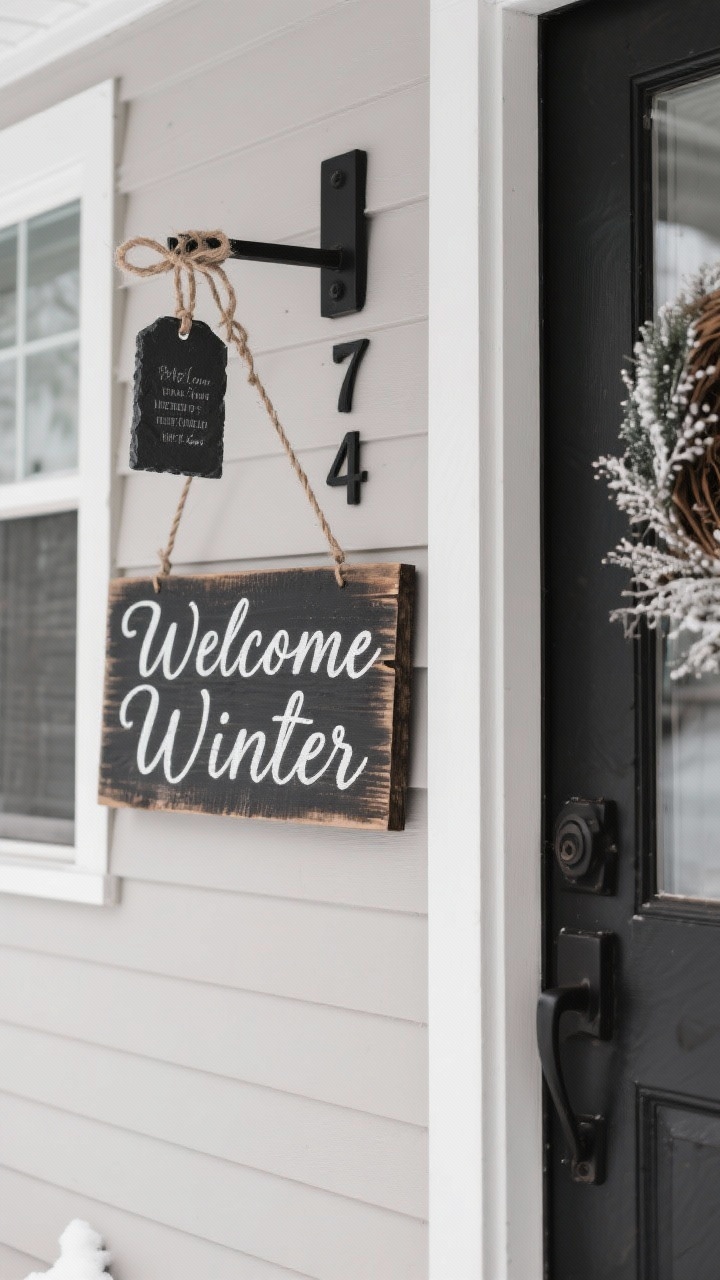 Detail-focused, straight-on shot of tasteful winter signage. A hand-lettered reclaimed wood sign reading “Welcome Winter” in clean script hangs beside the door, with minimal black-and-white typography. A small slate tag with a seasonal message is tied to a nearby wreath with twine. Updated house numbers in matte black mounted on the siding add a crisp modern touch. Balanced composition, neutral winter light, no clutter.