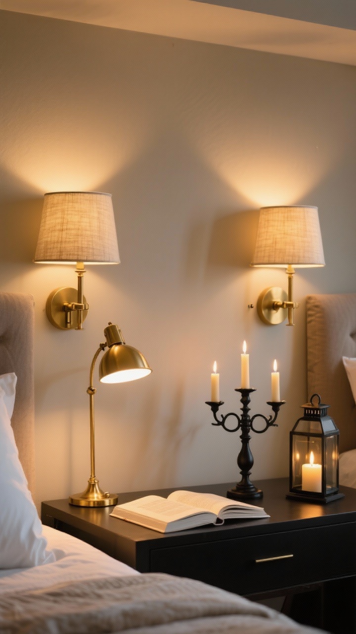 Detail/medium mix: Layered lighting composition showing a brass-finished desk lamp casting focused light on a book, matching wall sconces flanking the bed with fabric shades for symmetry, and battery candles glowing in a black metal candelabra and a lantern; bulbs set to warm 2700K–3000K, no harsh overheads; golden, candlelit atmosphere.