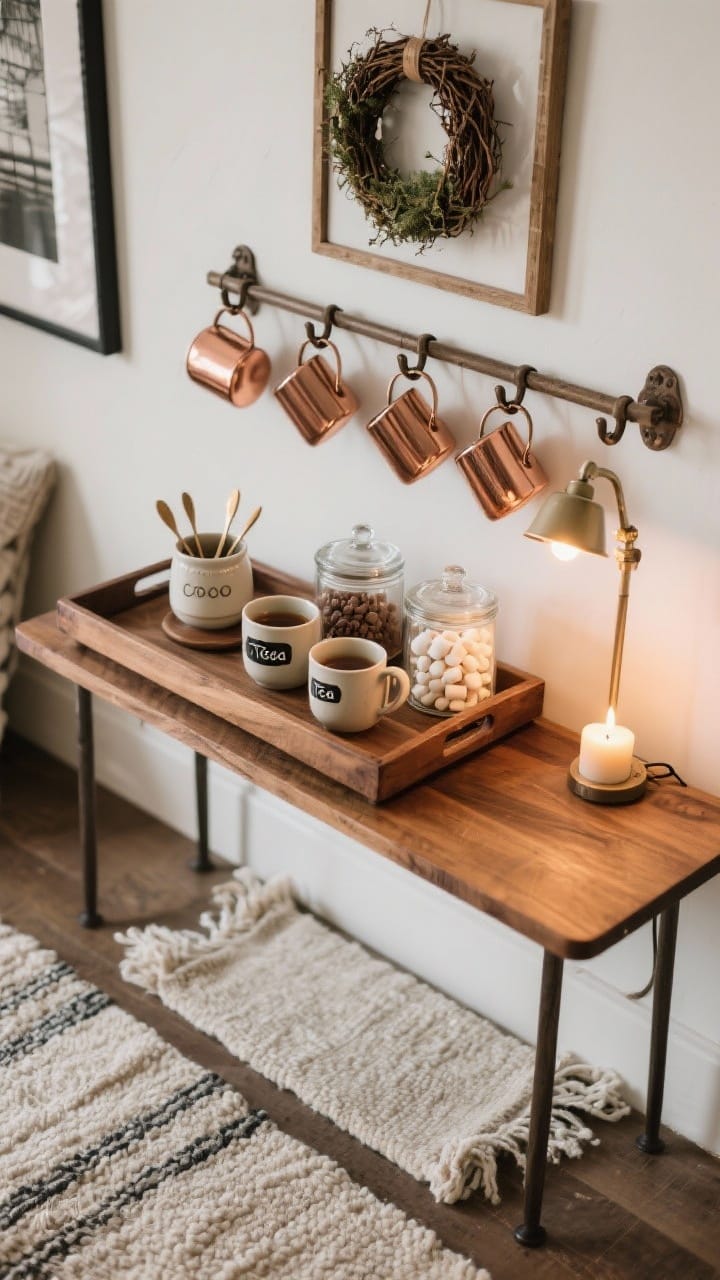 Detail overhead view: curated coffee/cocoa/tea station—wood tray with ceramic mugs, teaspoons, and a small sugar pot; glass canisters labeled for cocoa, tea, and marshmallows; a petite lamp casting warm light beside a candle; a mini wreath hung above on the wall edge; copper mugs hanging on hooks in frame; wool runner under the station; photorealistic textures.