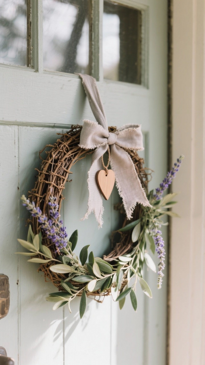 Detail/portrait shot of a simple grapevine wreath on a farmhouse front door, loosely wired with fresh olive branches and sprigs of lavender, finished with a frayed linen bow and a small dangling wooden heart. Hang with a thin satin ribbon. Keep ribbon tones neutral (stone/greige/dusty blush). Soft exterior daylight, shallow depth of field to emphasize texture and fragrance cues; understated, airy composition.