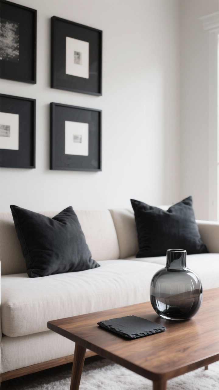 Detail shot emphasizing soft contrast with dark accents: matte black picture frames on a pale wall, charcoal throw pillows on a light sofa, and dark slate coasters beside a smoked glass vase on a warm wood coffee table; two to three dark elements visible in the scene, balanced within a neutral palette, soft winter daylight, photorealistic.