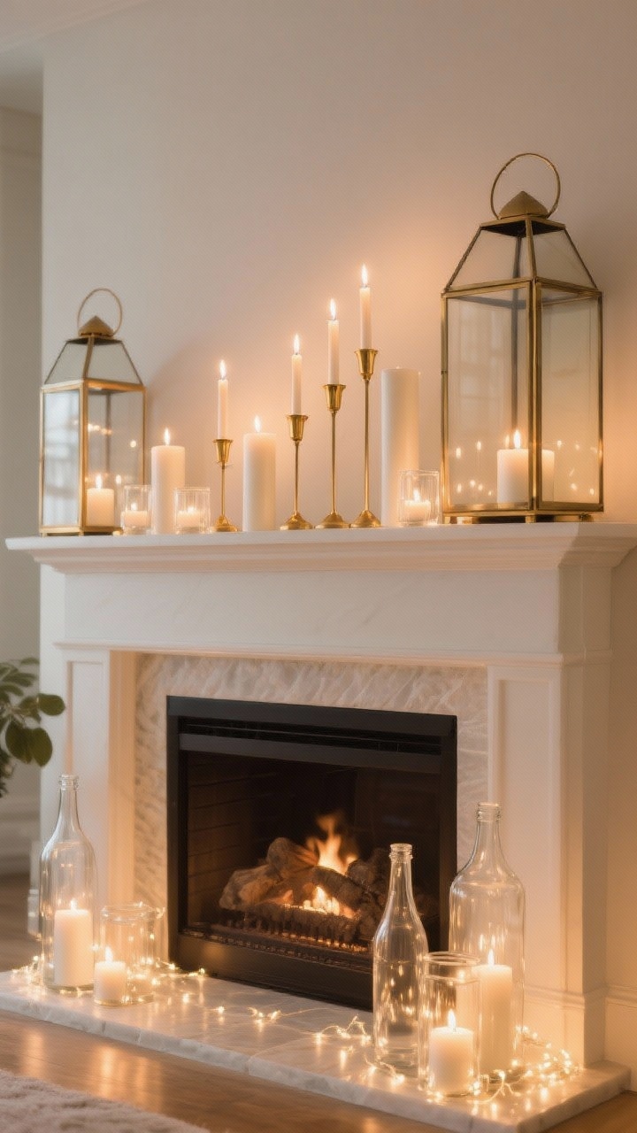 Detail shot focused on candlelight layers: a row of brass taper holders at staggered heights on the mantel, mixed with ivory pillars and clear glass votives; two oversized lanterns on the hearth below; warm-white flameless candles glowing; fairy lights slipped inside clear bottles and hurricane vases for a soft shimmer; overall warm, cozy illumination against a neutral backdrop; photorealistic.