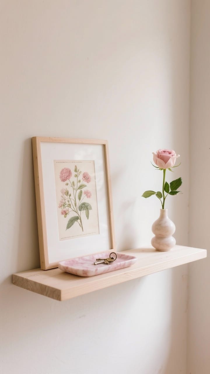 Detail shot of a sweetheart shelf/ledge: one statement art piece (vintage botanical print with blush tones), one functional blush marble trinket tray holding keys, and a small bud vase with a single rose; minimal yet curated arrangement; soft natural light grazing the wall; pale wood shelf with clean edges and romantic restraint.