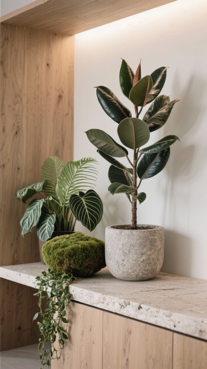 Detail shot of curated plants styled like a pro: a tall rubber plant in a stone planter for height, mid-size fern and calathea grouped nearby, a moss bowl and trailing ivy on a shelf; mix of leaf shapes and sizes arranged intentionally with negative space; neutral backdrop of wood and stone; soft indirect daylight highlighting leaf texture; overhead three-quarter angle.