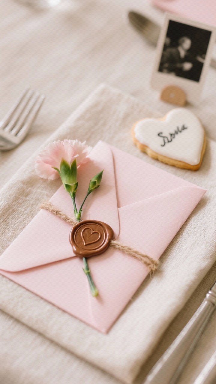 Detail shot of place cards doubling as favors: tiny blush envelopes sealed with a wax seal, tied with twine to a single bloom or a heart-shaped chocolate at each setting. Include an alternate edible-ink sugar cookie with a guest’s name and a small black-and-white photo tag as keepsake. Neutral linen backdrop, gentle afternoon light, crisp focus on tactile details of wax, paper grain, and florals.