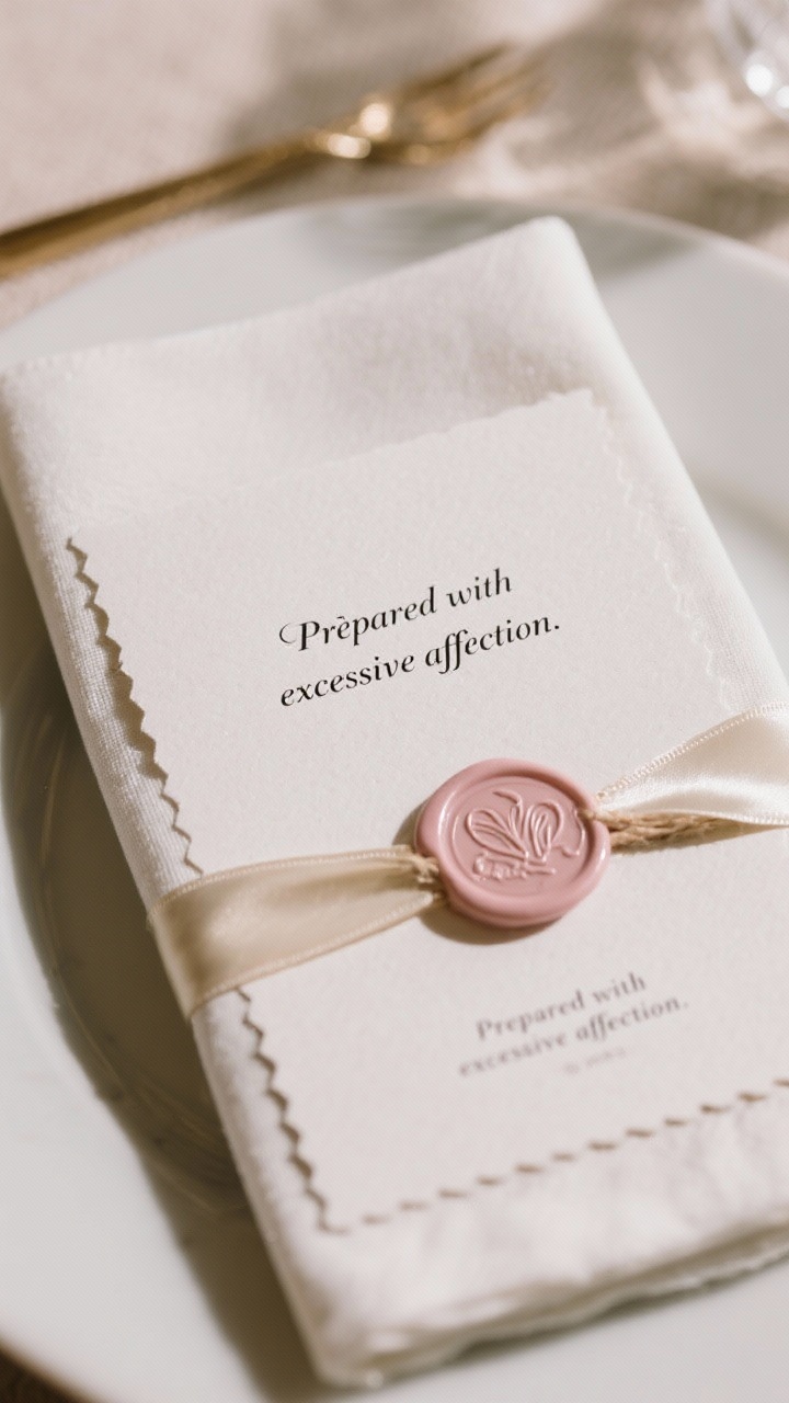 Detail shot of printed menu cards: thick matte cardstock with deckled edges, featuring a balanced serif and script combo and a cheeky line like “Prepared with excessive affection.” The menu is tied to a folded napkin with silk ribbon or twine. Include a blush wax seal option on one card. Soft diffused lighting highlighting paper texture and type.
