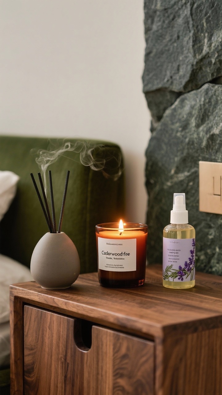 Detail shot of scent elements on a wooden nightstand: a matte ceramic diffuser emitting a wisp of cedarwood/fir vapor, an amber two-wick candle labeled with notes of balsam, smoke, amber, and moss, and a linen spray bottle for lavender and eucalyptus. Warm candlelight glow, dark green and stone accents around.