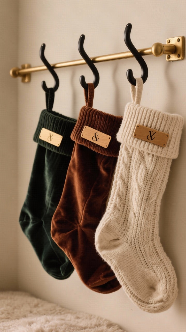 Detail shot of statement stockings and hardware: velvet and chunky knit stockings in cohesive colors, linen option for minimalist touch; sleek brass or matte black hooks, or leather loop hangers; subtle wood or brass name tags rather than loud monograms; stockings staggered in height, maximum of four; option of a slim weighted bar if hooks aren’t used; warm, cozy lighting; photorealistic.