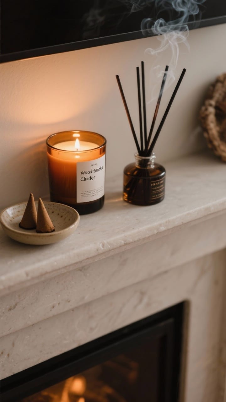 Detail shot of winter scent styling on the mantel: an amber-glass candle labeled wood smoke and cedar, a ceramic dish with incense cones, and a reed diffuser with dark reeds; subtle wisps of fragrance suggested by soft focus, not smoke; warm, understated evening light; neutral backdrop to emphasize amber tones; overhead-angled closeup, photorealistic.
