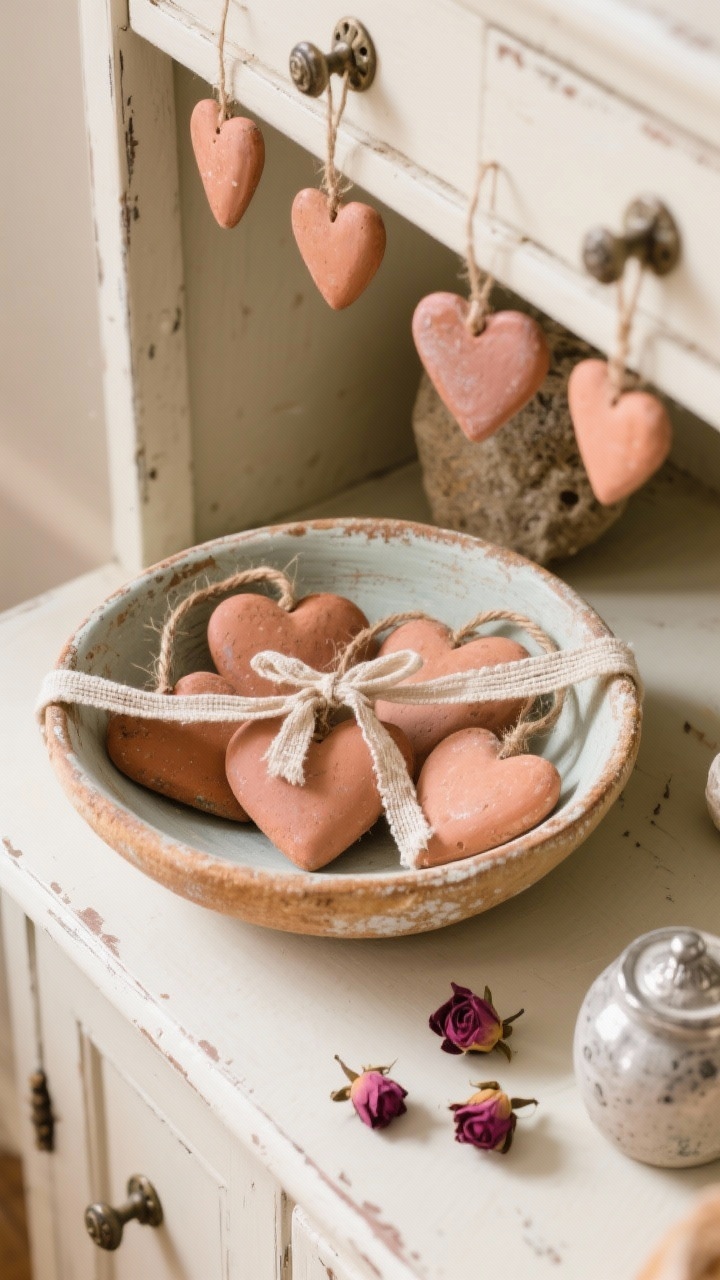 Detail shot, overhead perspective of a shallow vintage bread bowl holding aged terracotta heart ornaments with a limewashed, chalk-painted patina; some tied with raw linen ribbon and twine. A few hearts are also hanging off nearby cabinet knobs in frame edges. Include scattered dried rose buds, a piece of stoneware, and a hint of antique silver for contrast. Warm, diffused light highlights texture of terracotta and linen; palette of stone, cream, and dusty rose.