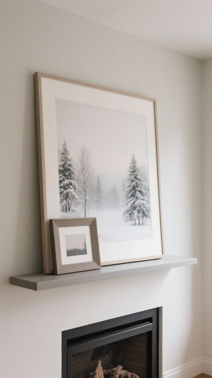 Detail-to-medium shot of winter artwork on the mantel: a misty landscape print leaning against the wall with a smaller frame layered in front; displayed on a slim ledge shelf for easy swapping; muted, neutral palette with snowy trees; soft indirect daylight; straight-on composition highlighting frames and mat textures, photorealistic.