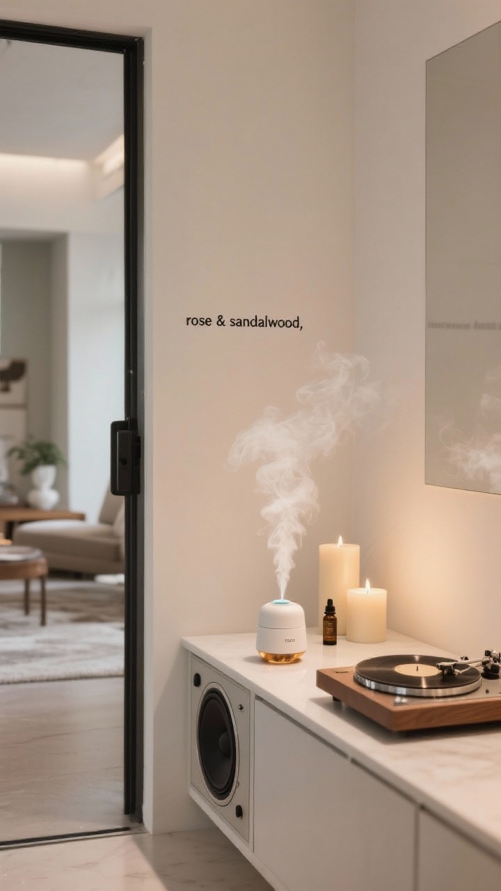 Detail vignette: ambience with scent and sound—an essential oil diffuser near the entry labeled “rose & sandalwood,” matching candles in the main space, and a visible speaker or vintage turntable hinting at a curated playlist. Soft, cohesive lighting; subtle wisps of diffuser vapor; clean modern surfaces.