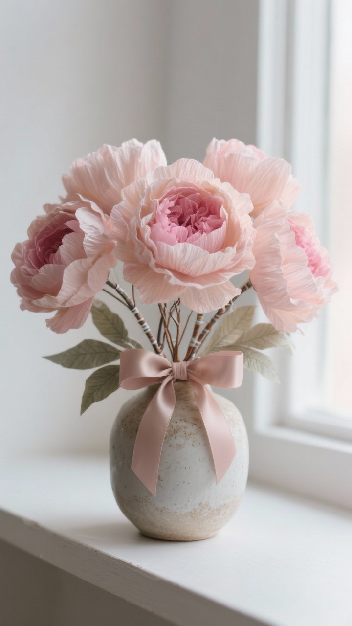 Detailed closeup of a paper peony bouquet in a ceramic vase: crepe paper petals in blended shades—blush outer petals with deeper pink interiors—petals slightly stretched to cup; soft pastel chalk dusted edges for depth; floral wire stems wrapped in floral tape, with realistic paper leaves; tied with a satin ribbon bow; gentle natural window light highlighting the crepe texture and layered blooms on a minimalist shelf