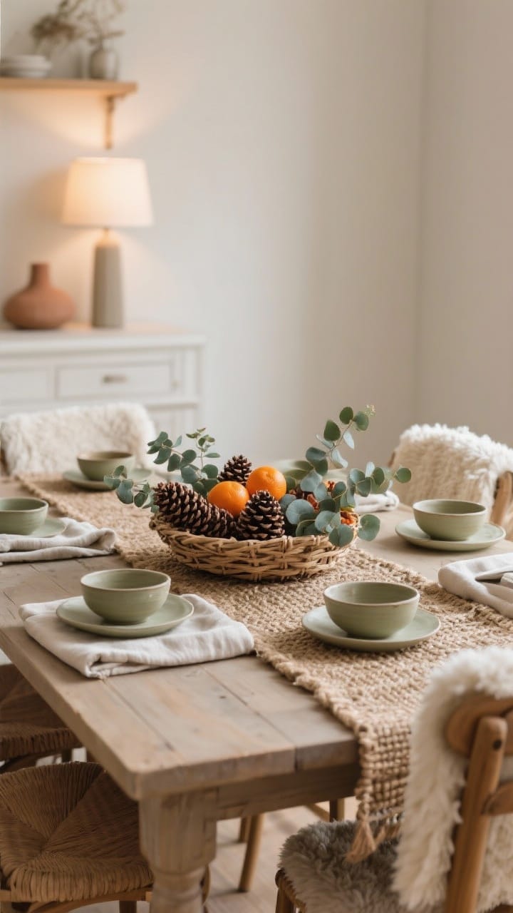 Dining room medium shot with soft layers: a natural woven table runner, simple ceramic bowls, and neatly folded linen napkins; a basket centerpiece filled with pinecones and eucalyptus (or clementines for color); dining chairs each with a light throw or sheepskin seat pads; neutral palette with a single color pop in soft olive or rust; warm ambient light for everyday use.