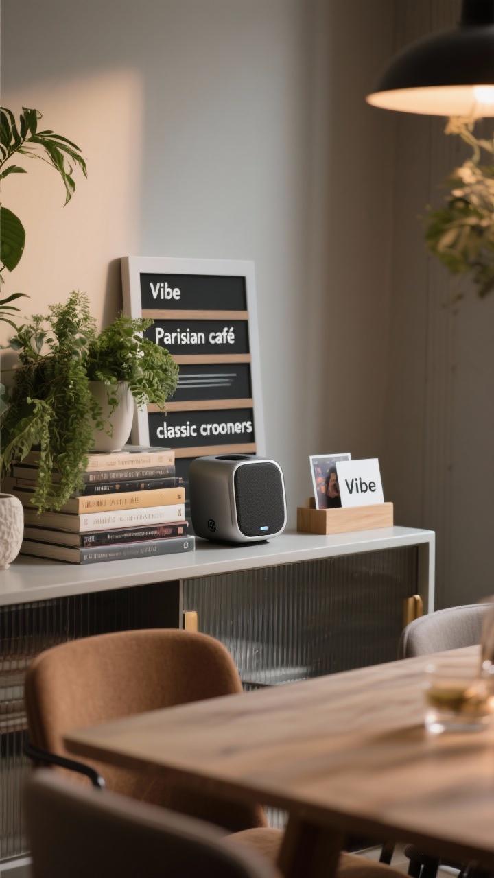 Discreet styling shot of a mood-setting playlist zone: a small, sleek speaker subtly hidden behind a stack of books and greenery on a sideboard near the dining table. Vibe boards labeled “Parisian café” and “classic crooners” peek from a card holder for theme hints. Warm, low volume ambience implied by dim lighting; clean aesthetic with tech camouflaged among decor, no people.