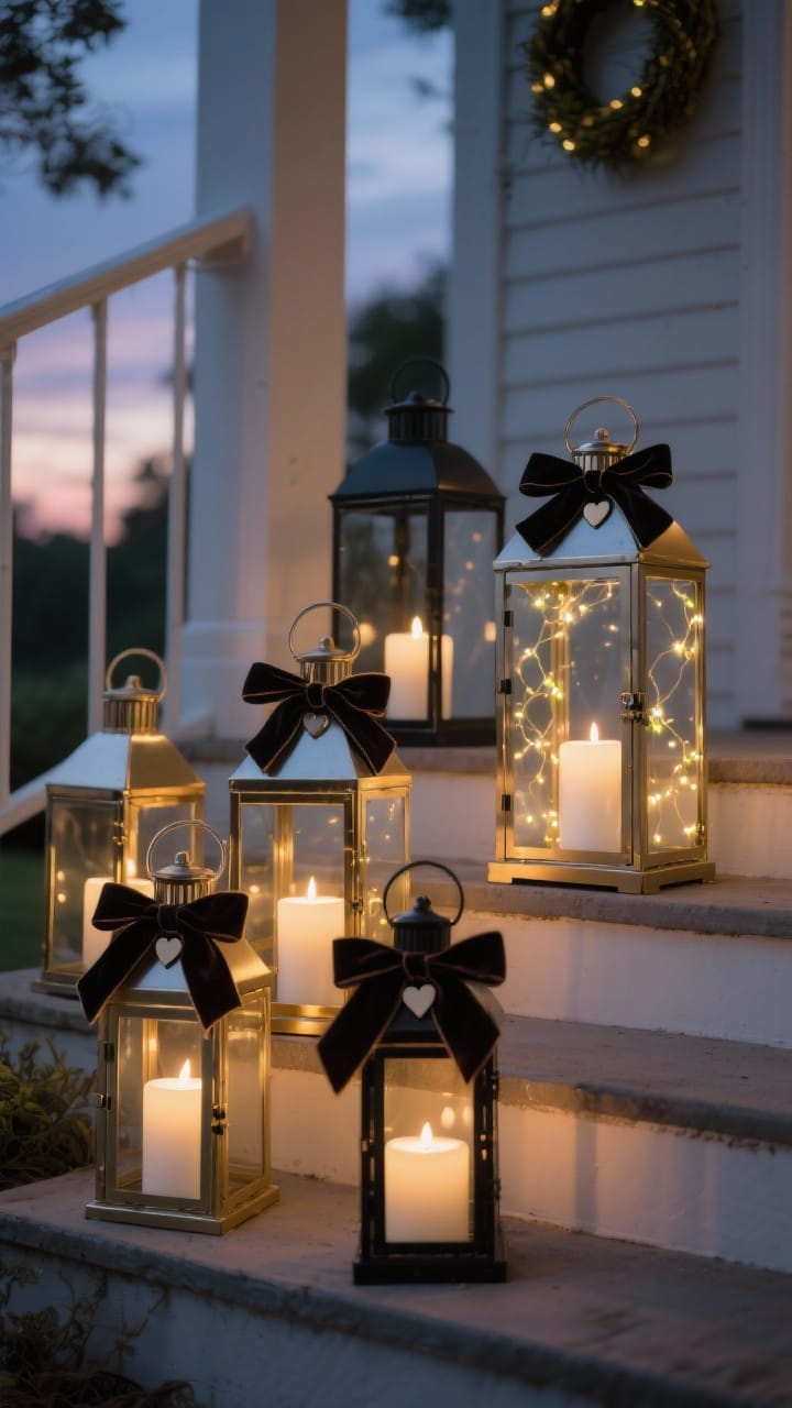 Dusk/evening, detail shot at a low angle of clustered lanterns of varying heights on porch steps: mixed brass and matte black finishes, warm white battery candles glowing at 2700–3000K. Add fairy lights tucked inside one lantern for a firefly effect. Each lantern is dressed with a velvet ribbon tie and a tiny heart charm (lantern wreath tie). Warm, romantic glow with gentle reflections on metal.