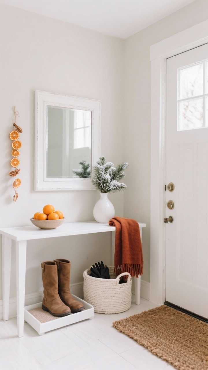 Entryway medium-wide shot: a white console table against a pale wall beneath a white-framed mirror that bounces soft winter light; a natural coir doormat at the threshold; on the console, a shallow bowl of tangerines and a small white vase with winter greenery alongside a strand of dried orange slices; an ivory basket for scarves and gloves with a rust-colored scarf tucked on top; a white boot tray with a microfiber mat near the door; clean, welcoming palette of white, orange, and natural textures; straight-on perspective.