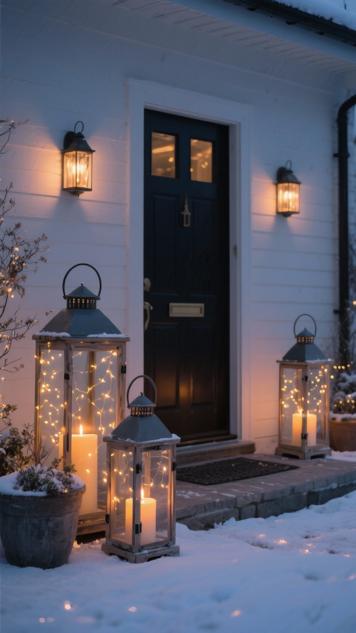 Evening medium shot of a doorstep vignette with lantern-based lighting. On each side of the door: a trio of lanterns in varying heights (tall, medium, small), containing warm-toned battery-operated pillar candles on timers. Delicate micro fairy lights are sprinkled inside one lantern and lightly draped around nearby planters for subtle sparkle. Calm, cozy glow against a wintry backdrop; flameless candle realism emphasized.