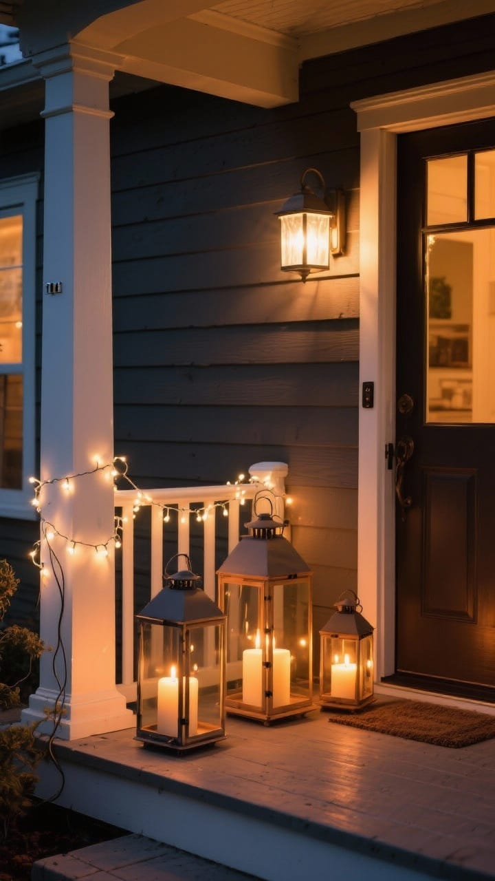Evening medium shot of cozy porch lighting: a cluster of three lanterns in different heights near the door with warm LED candles glowing; warm-white fairy string lights wrapped around the railing and a porch column; upgraded wall sconces emitting soft white light. Visible outdoor clips neatly securing any cords for safety. Mood is warm, glowy, and inviting—no harsh glare; palette: warm amber light against charcoal and natural wood.
