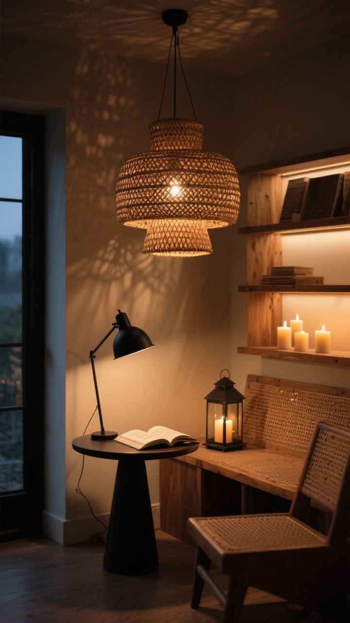 Evening medium shot of layered lighting: a woven rattan chandelier casting warm ambient light (2700K–3000K), a matte black adjustable table lamp illuminating a reading nook, and LED candles with a small lantern on backlit shelves for accent; materials include wood and rattan to add texture; moody, cozy atmosphere with dappled light effect; corner perspective.