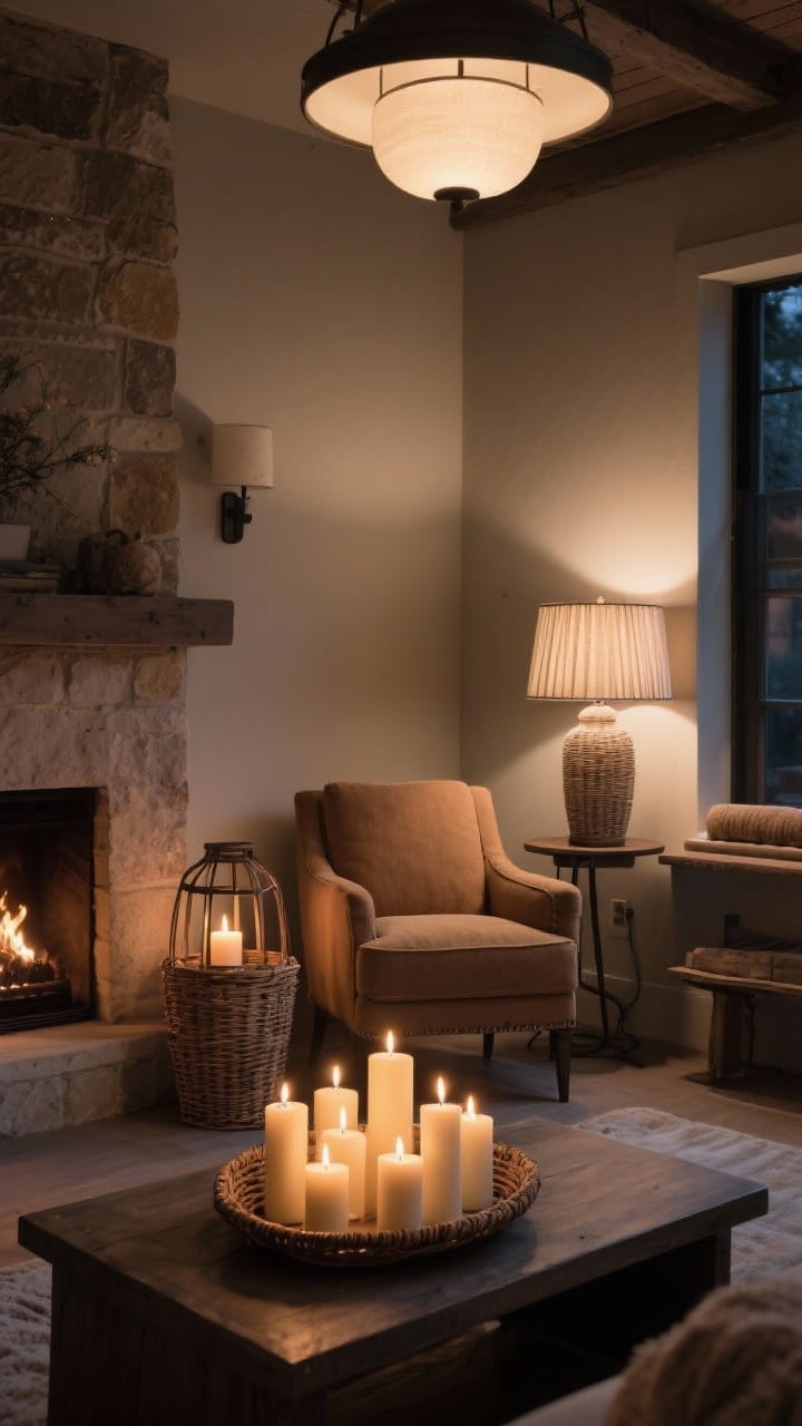 Intimate corner scene for firelight vibes without a fireplace: group pillar candles and LED tapers arranged in a low basket tray on a console, a floor lantern basket with a candle near an armchair, and table lamps with linen or pleated shades casting a soft, diffused glow; overhead lights dimmed; cozy textures in camel and stone tones, moody evening lighting.