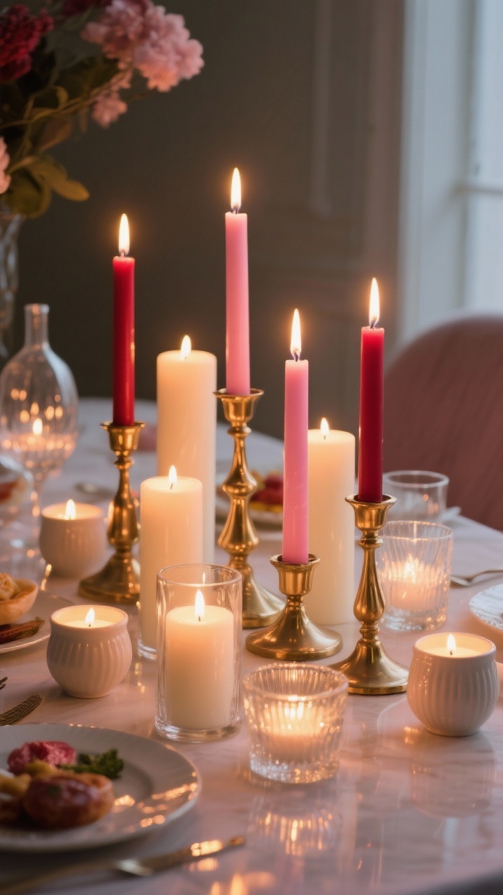 Intimate medium shot of layered candlelight on a Valentine’s table: clusters of 3–5 candles combining tall pink and cranberry tapers in brass candlesticks, creamy white pillar candles in glass hurricanes, and unscented tea lights in ceramic votives. The pooled glow creates depth and romance. Photorealistic warm evening light; focus on height variation and mixed holders with soft reflections on the table surface, food absent to keep attention on candles.